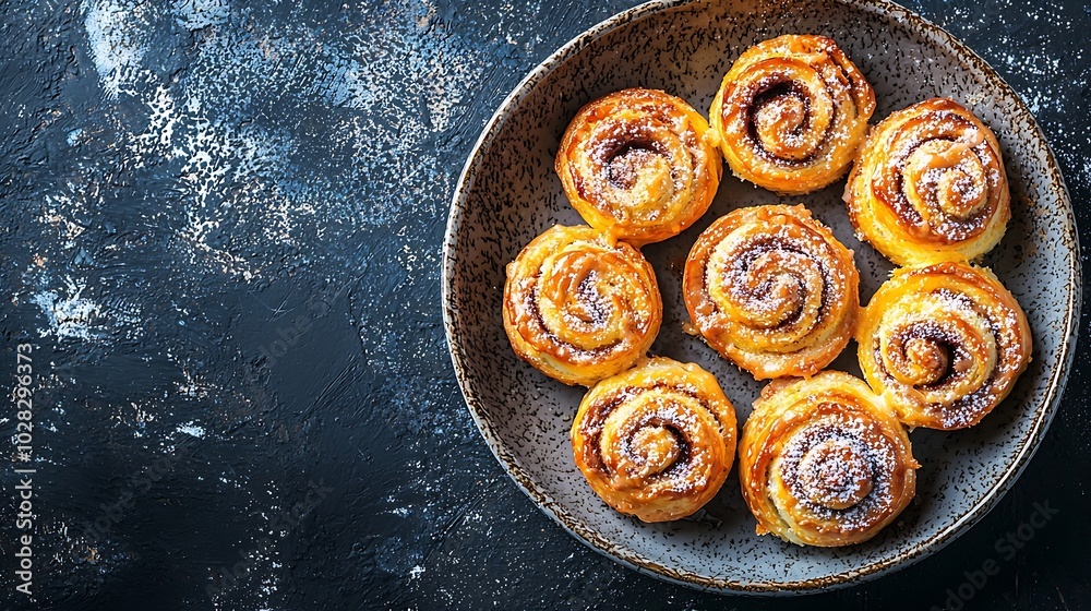 Aufkleber cinnamon rolls buns cinnabons in baking dish grey background copy space top view : generative ai