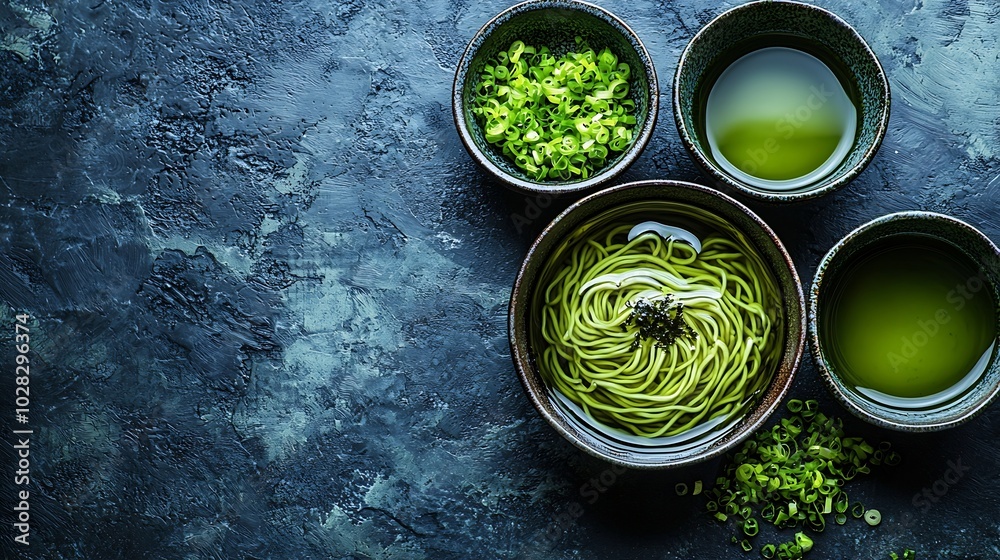 Poster soba noodles with sauce and green tea set japanese food copy space black slate background : generati