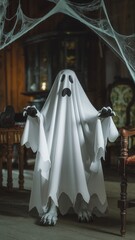 Ghost Costume in Rustic Room with Spooky Atmosphere