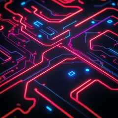 Blockchain integration, digital assets, neon circuits, dark tones