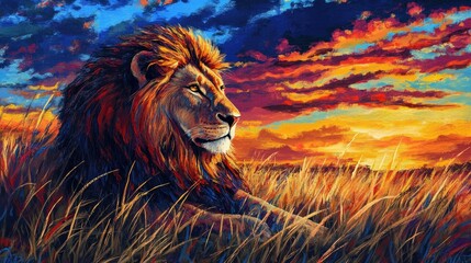 Naklejka premium A majestic lion resting in the tall grass of the savannah under a vibrant sunset.