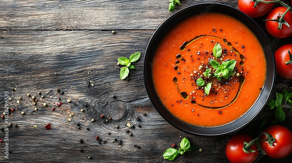 Poster tomato soup in a black bowl on wooden background top view copy space : generative ai