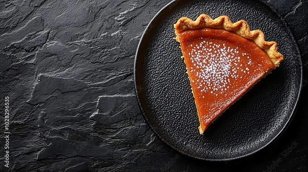 Poster pumpkin pie tart on a plate dark stone background copy space top view : generative ai