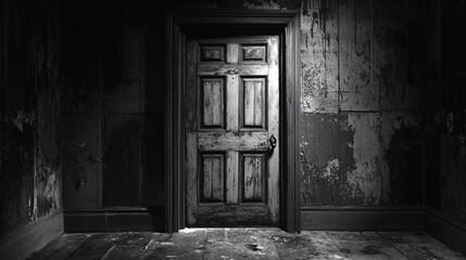 A creaking door slowly opens, revealing a pitch-black room.
