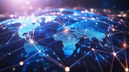 A digital world map with interconnected nodes representing global networks.