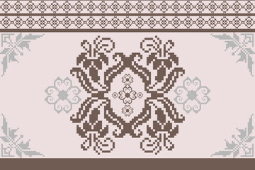 Geometric pixel pattern seamless vector pattern, Mexican blanket, rug, tile, illustration design on pink background with brown.