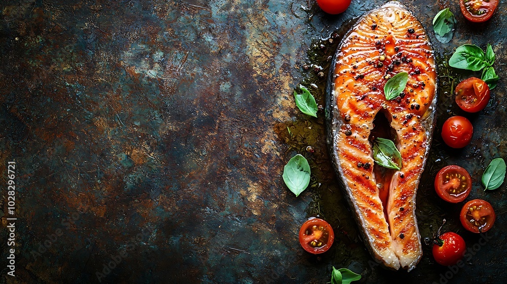 Poster salmon steak fillet with herbs tomatoes and spices dark background top view : generative ai