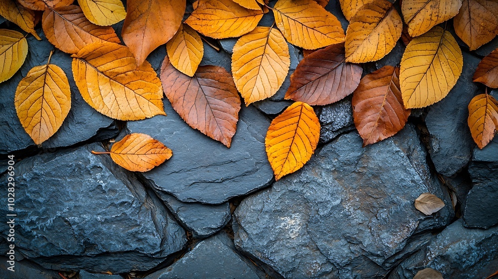 Poster colorful autumn leaves on a grey stone background top view copy space : generative ai