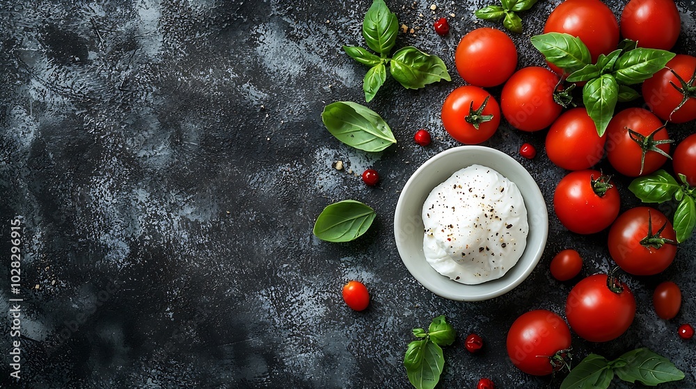 Poster caprese salad with tomatoes mozzarella burrata cheese and basil grey background copy space top view 