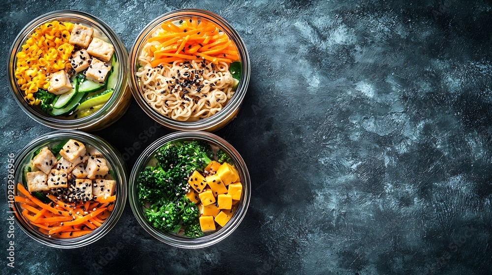 Aufkleber Noodles soba salad soup with vegetables tofu and chicken in jars Grey background Copy space Top view : Generative AI
