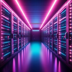 Fototapeta premium Blockchain server room, neon glow, high-tech efficiency, dark space