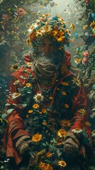 Fototapeta premium Man with Floral Crown in a Garden of Flowers