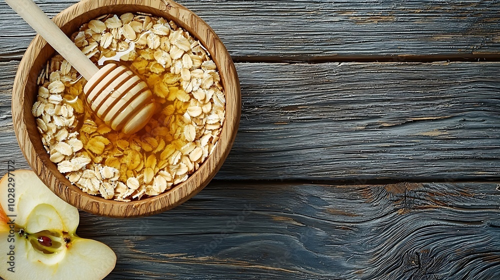 Poster overnight oats bircher muesli with apple cinnamon and honey wooden background close up : generative 