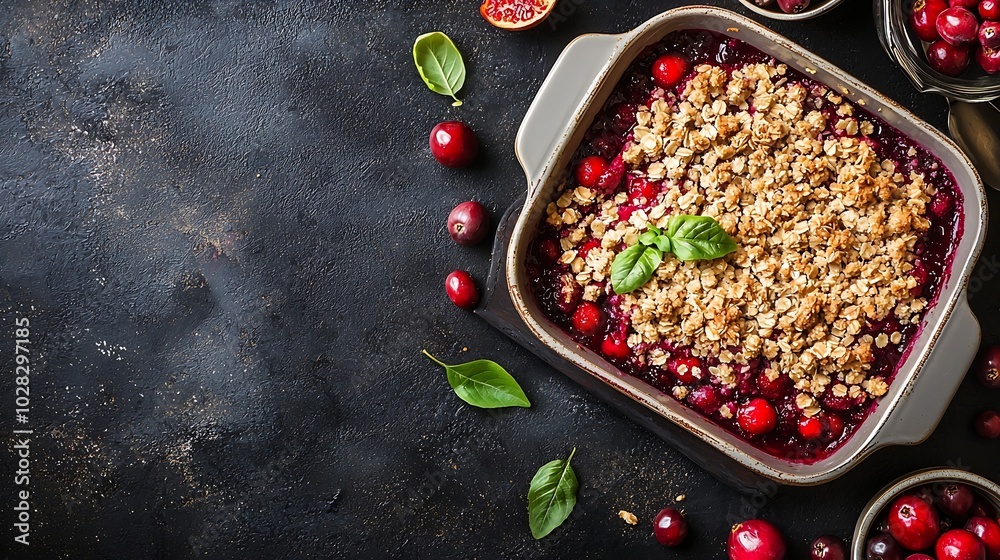 Poster cranberry crumble crisp in a baking dish grey background top view : generative ai