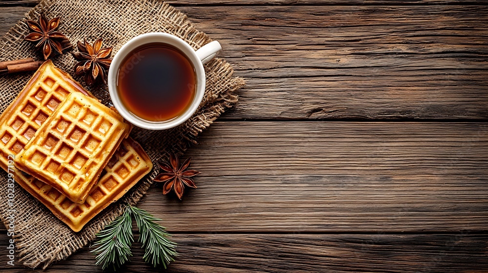 Poster whole wheat waffles with maple syrup and coffee on a wooden background : generative ai