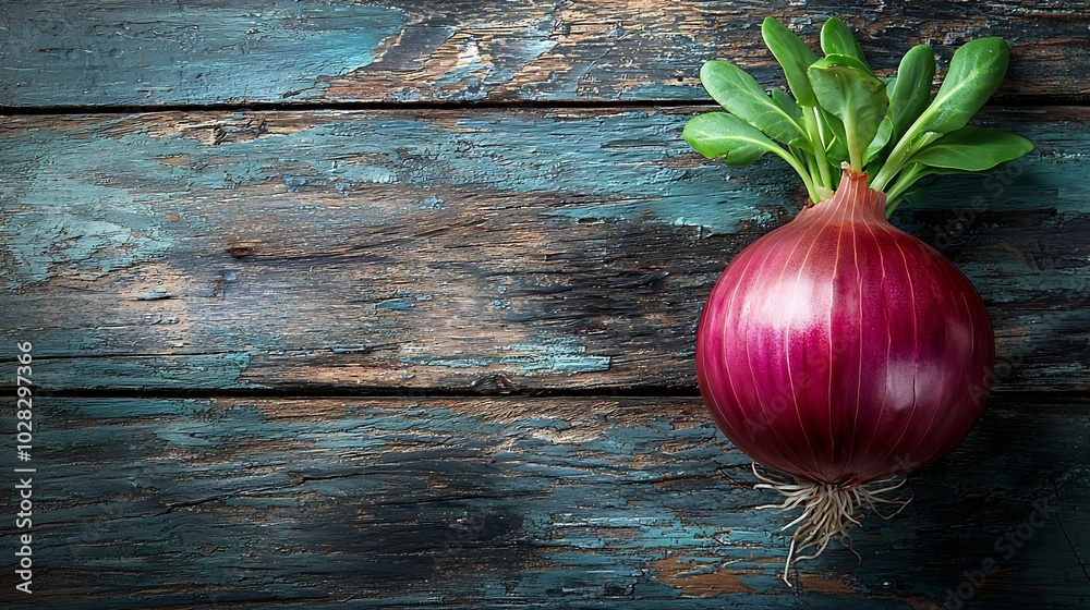 Poster Red onion with fresh green sprouts on wooden background Copy space Top view : Generative AI
