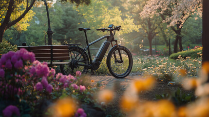Fototapeta premium Vintage-style electric bike parked next to a rustic cafe, blending modern technology with a classic aesthetic in a charming street scene