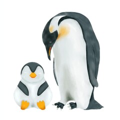 Watercolor penguin and a baby chick standing together isolated. Hand drawn cute penguin chick.