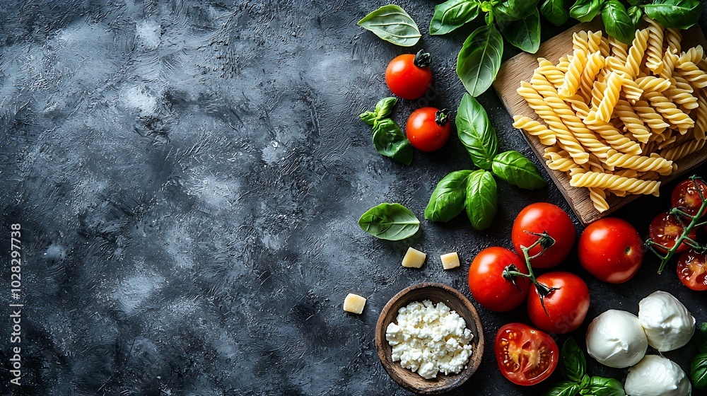 Poster pasta fusilli with mozzarella cheese tomatoes and basil grey background close up : generative ai