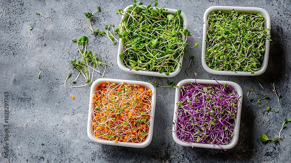 Poster assortment of micro herbs chives radish sunflower chervil sprouts in containers grey background copy