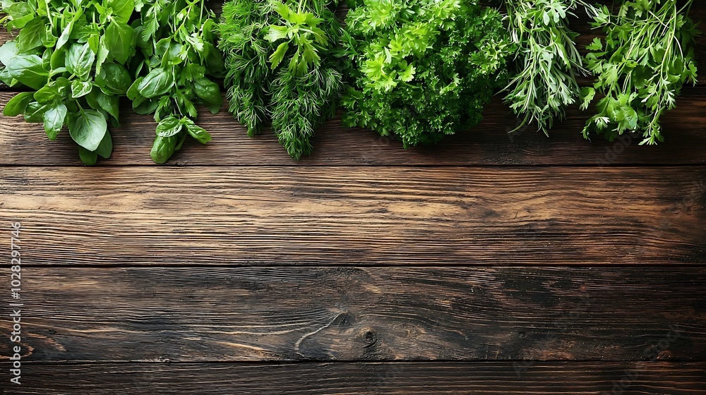 Poster assortment of fresh herbs wooden background copy space top view : generative ai