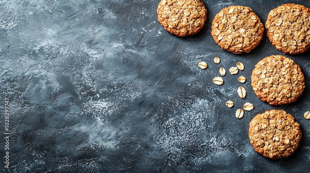 Poster healthy vegan oat cookies grey background copy space top view : generative ai