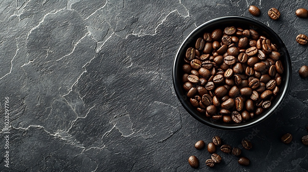 Poster coffee beans in black bowl on grey slate background close up : generative ai