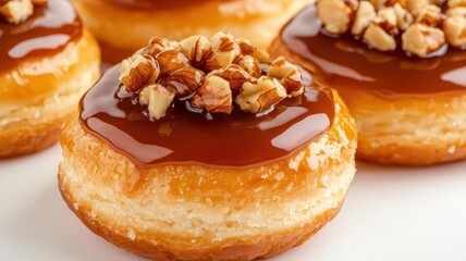 Closeup of a glazed pastry with nuts on top, with soft lighting creating a shiny, appetizing look on the glaze, 3D illustration