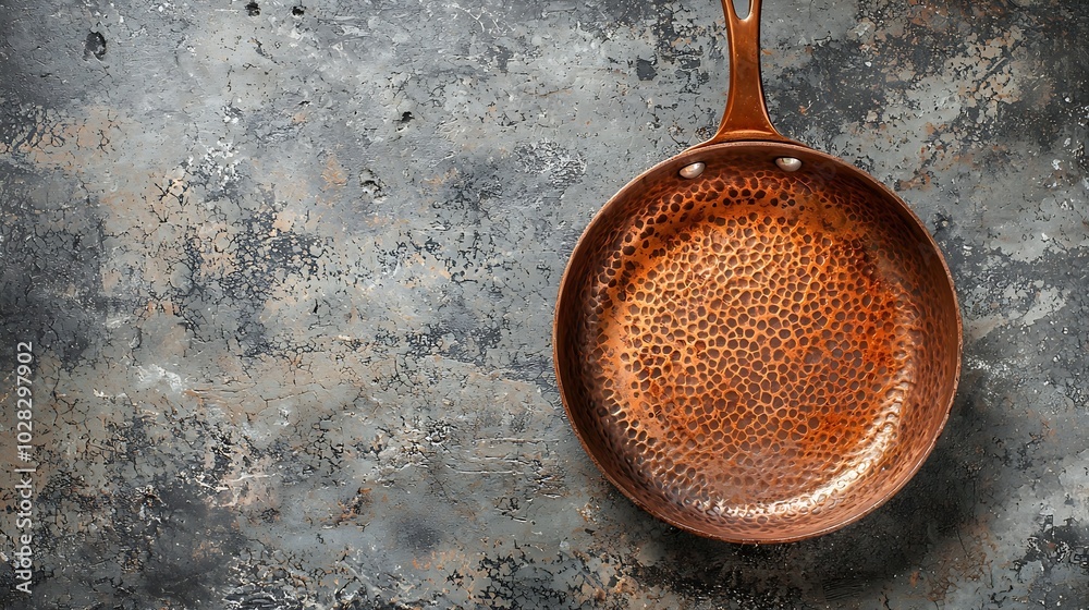 Poster copper saucepan on grey stone background copy space top view : generative ai