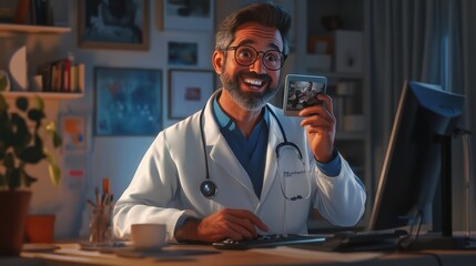 Cheerful doctor making video-call to his patient at home