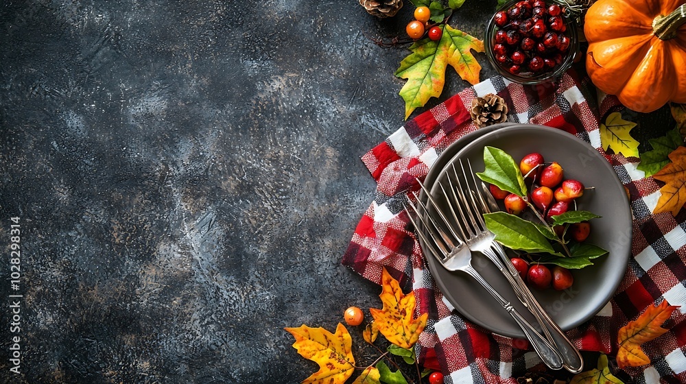 Poster Halloween table setting decoration Top view Copy space : Generative AI