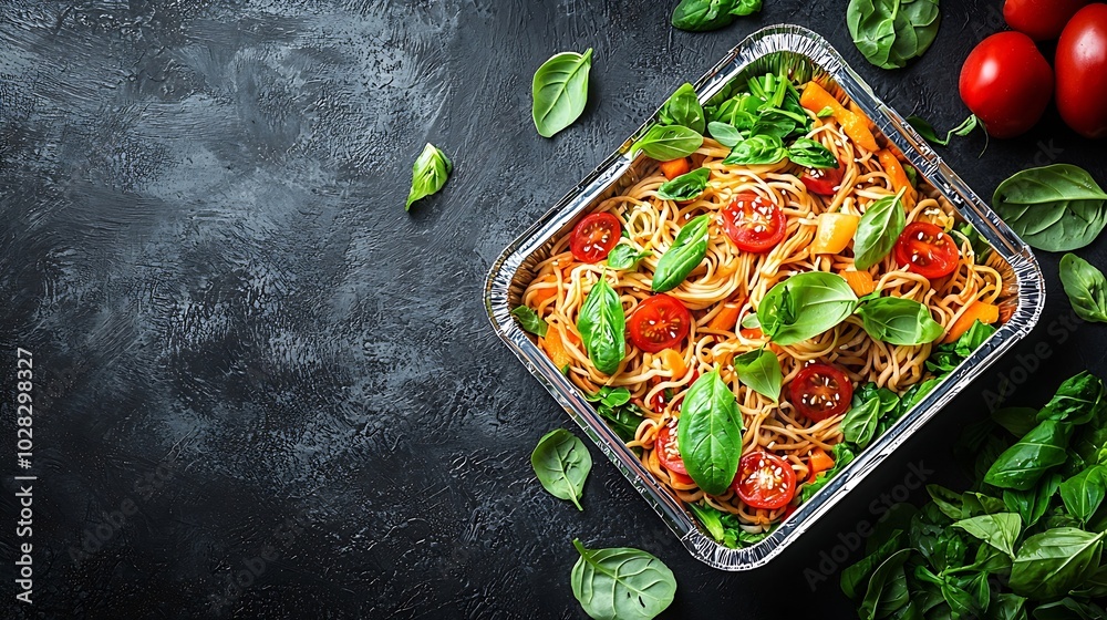 Poster Stir fry noodles udon with vegetables in lunch box Grey background Copy space Top view : Generative AI