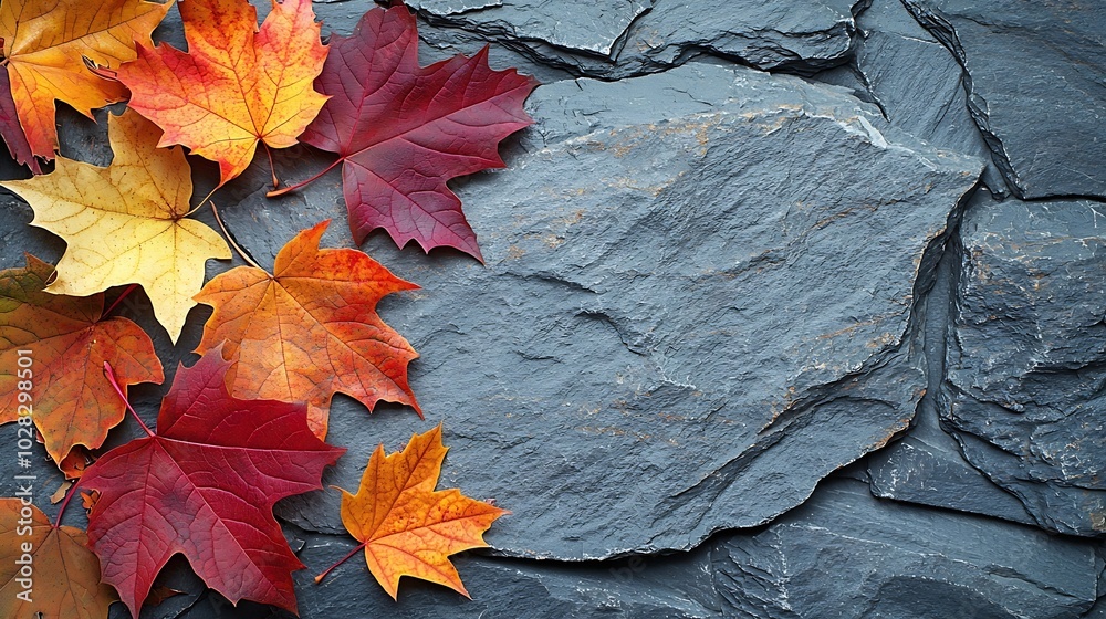 Poster colorful autumn leaves on a grey stone background top view copy space : generative ai