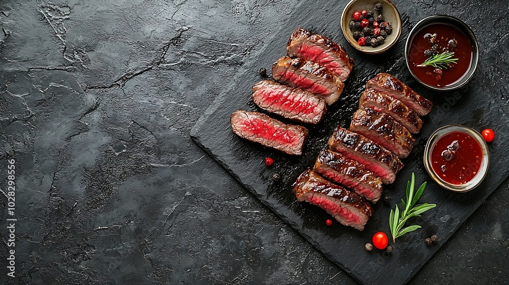 Poster Grilled sliced beef steak on slate stone table Top view Copy space : Generative AI