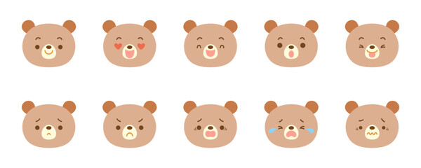 Cute bear face icon set with various facial expressions.