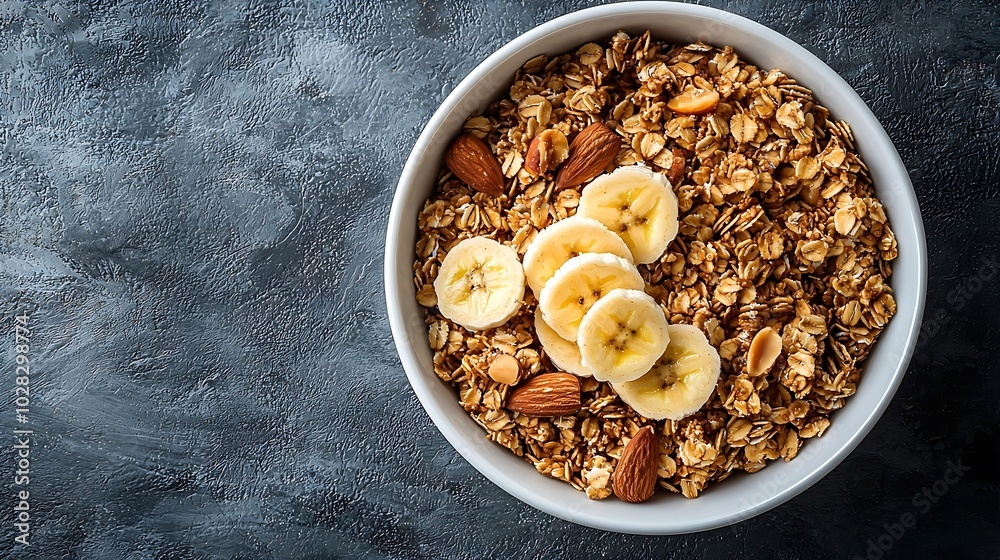 Poster healthy breakfast fresh granola muesli with coconut banana and nuts in a white bowl on grey textile 