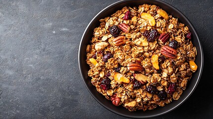 Healthy breakfast Fresh granola muesli with pumpkinpecan nutscranberries and maple syrup Copy space Top view : Generative AI
