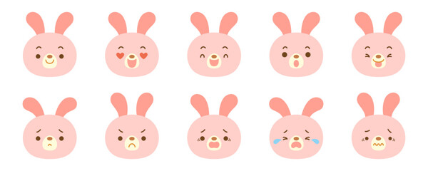 Obraz premium Cute rabbit face icon set with various facial expressions.
