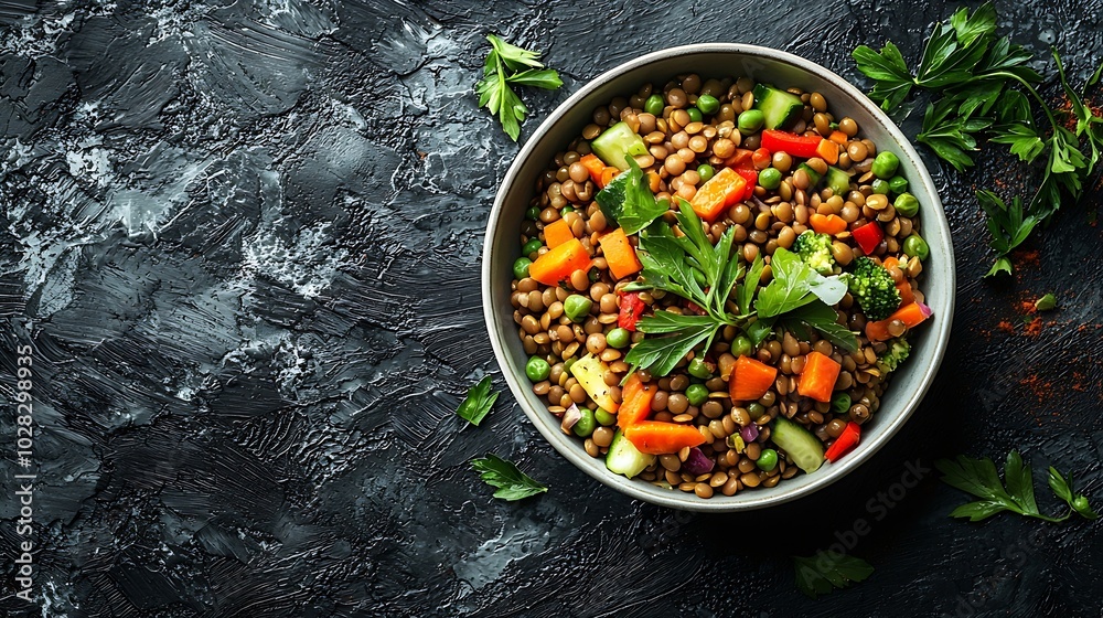 Aufkleber lentil salad with mix vegetables in bowl grey background : generative ai