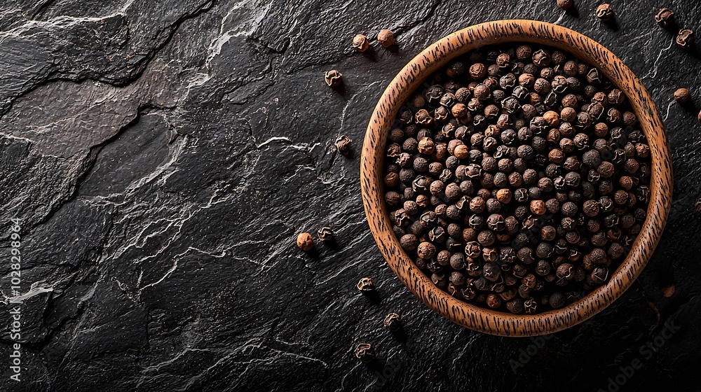 Poster black pepper peppercorns in bowl grey slate background copy space top view : generative ai