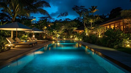 Fototapeta premium Nighttime swimming pool with glowing reflections under a dark sky