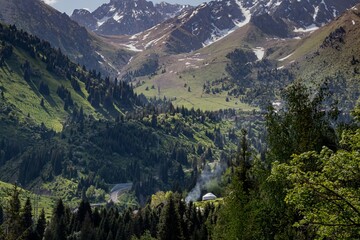 Eco-trail on Medeo overlooking the Tien Shan Mountains, Kazakhstan, Almaty. Summer, sunny
