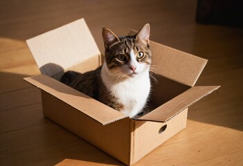 A cat in a tiny cardboard box, looking puzzled. Ai generated image.