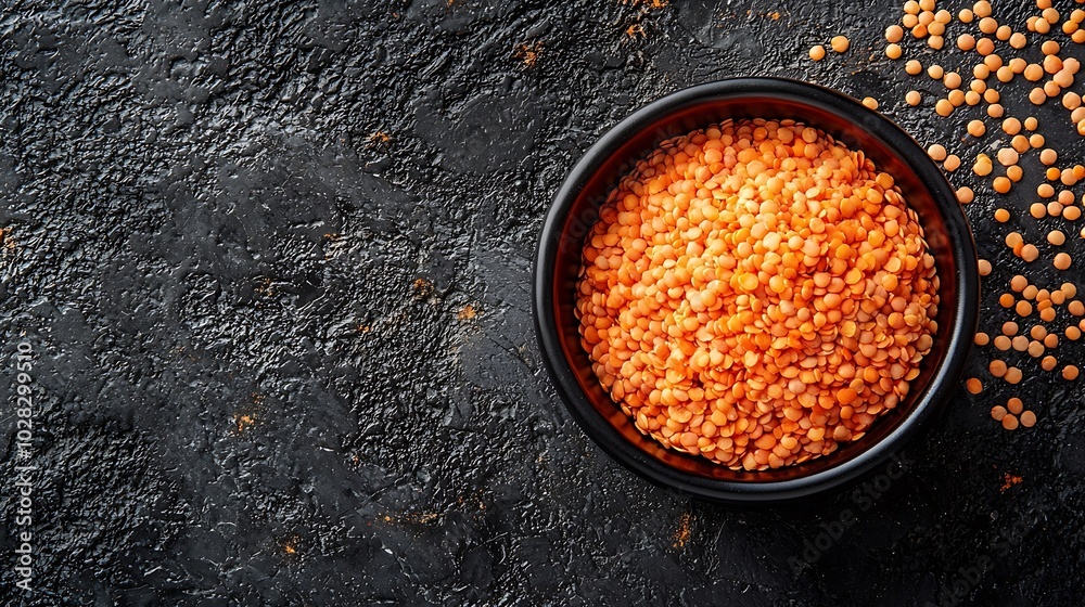 Poster red lentil in a black bowl on grey stone background top view copy space : generative ai