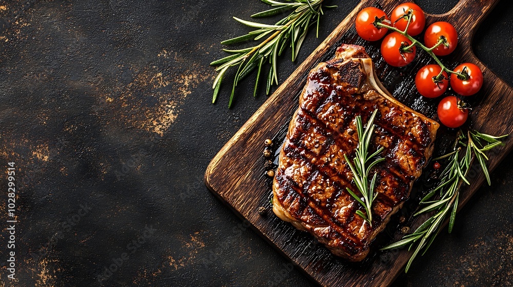 Poster beef steak with cherry tomato and rosemary on a dark cutting board wooden background top view copy s