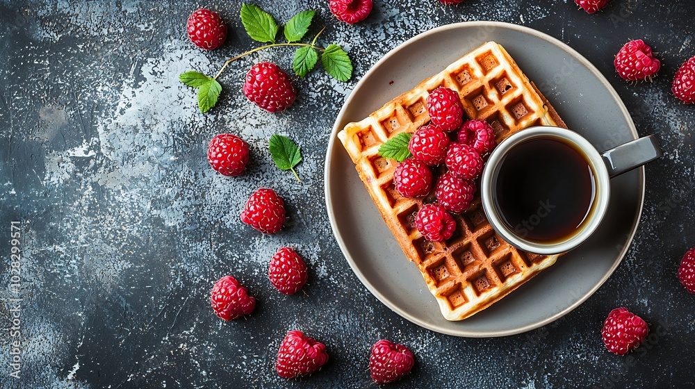 Poster Fresh waffles with cup of coffee and raspberry Grey background Top view : Generative AI