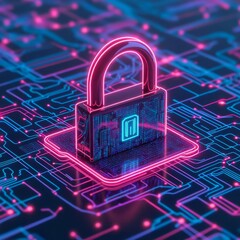 Digital asset security, hologram locks, neon circuit board, cyber theme