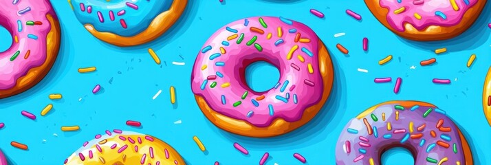 Vibrant donut pattern featuring assorted flavors and colorful sprinkles, perfect for playful designs and sweet-themed projects