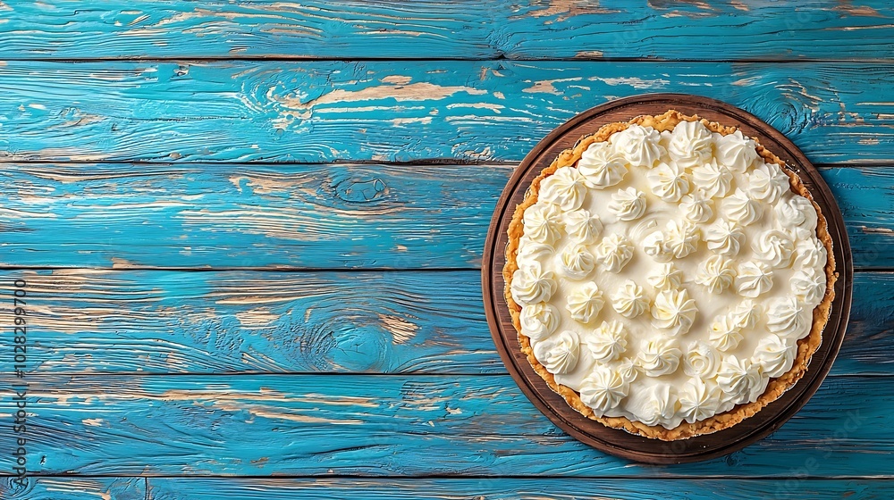 Poster Apple pie with cream on a blue wooden background Top view Copy space : Generative AI