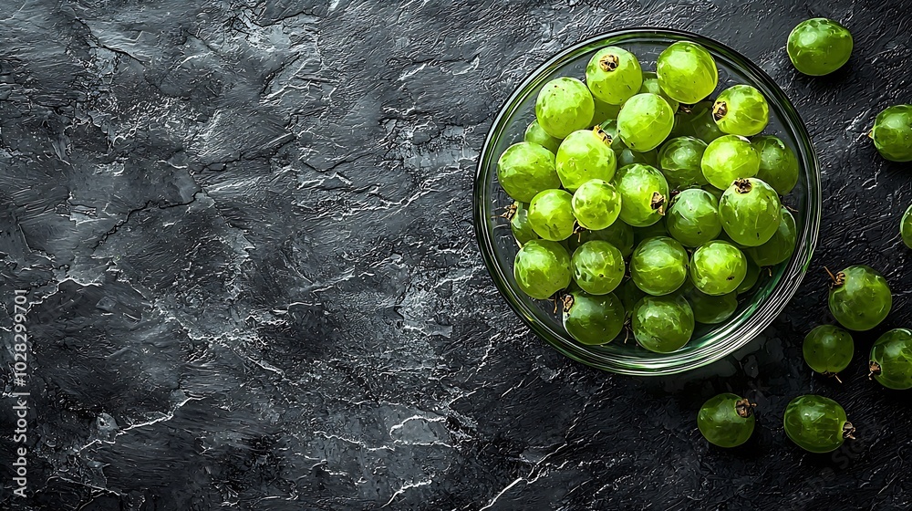 Aufkleber gooseberries in glass bowl on black stone slate background top view copy space : generative ai